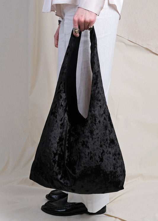 Black crushed velvet over the shoulder bag handmade in Turkey, Esra Kayira brand.