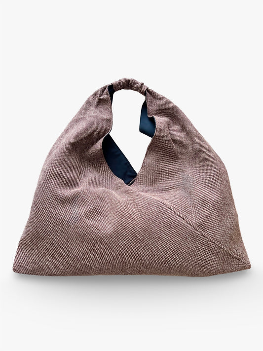 Burgundy/white linen/cotton large origami bag handmade in Turkey, Esra Kayira brand.