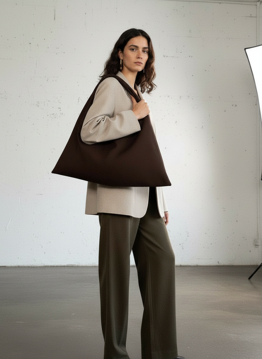 Dark brown, midi size canvas origami bag handmade in Turkey, on a model, by Esra Kayira brand.