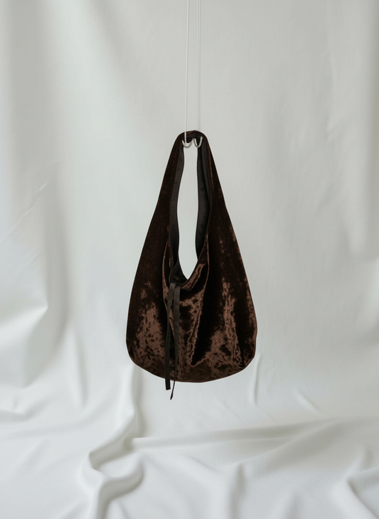 Dark brown crushed velvet over the shoulder bag handmade in Turkey, Esra Kayira brand.