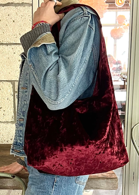 Dark cherry crushed velvet bag handmade in Turkey, Esra Kayira brand.