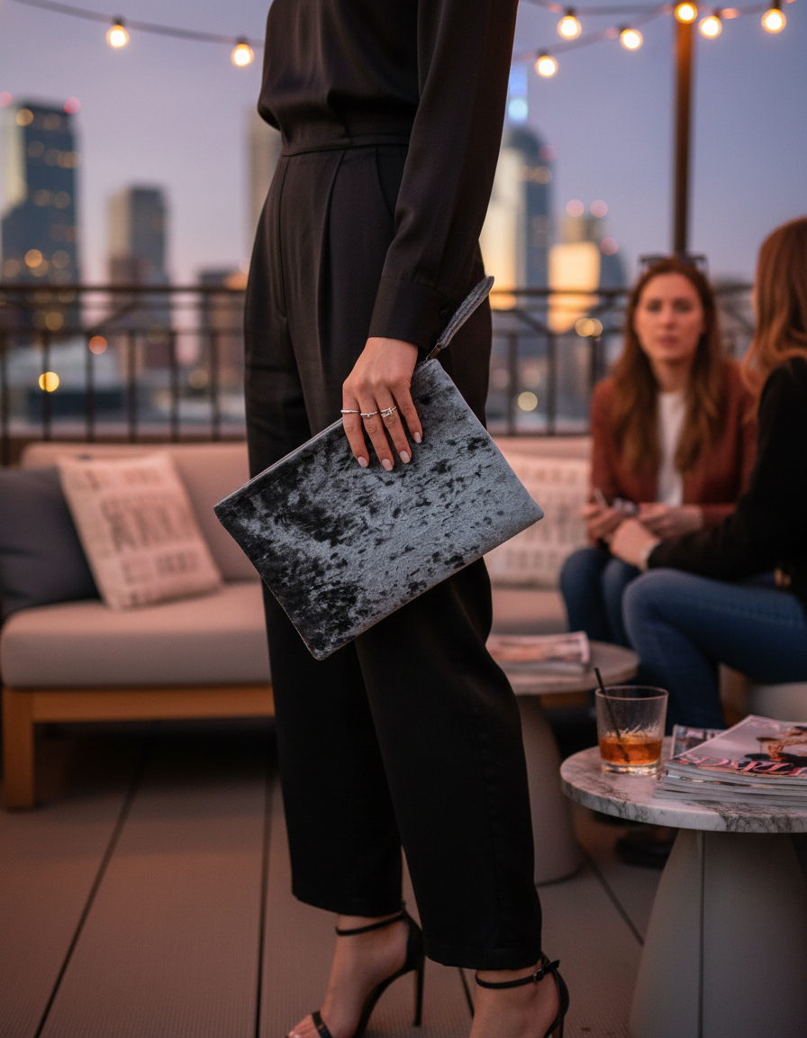 Gray crushed velvet clutch handmade in Turkey by Esra Kayıra brand.