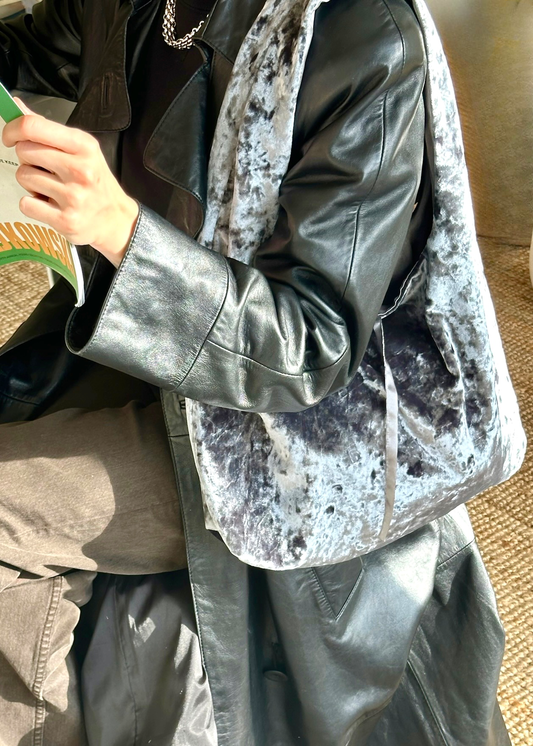Gray crushed velvet over the shoulder bag handmade in Turkey, Esra Kayira brand.
