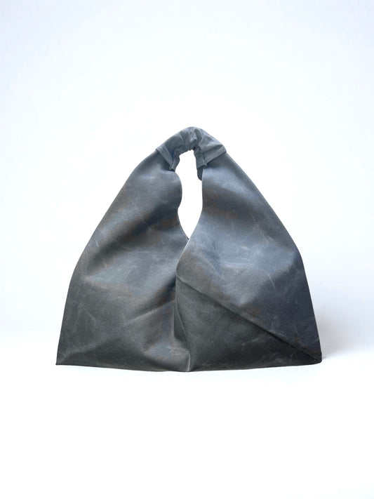 Gray waxed canvas origami midi bag handcrafted in Turkey by Esra Kayira brand