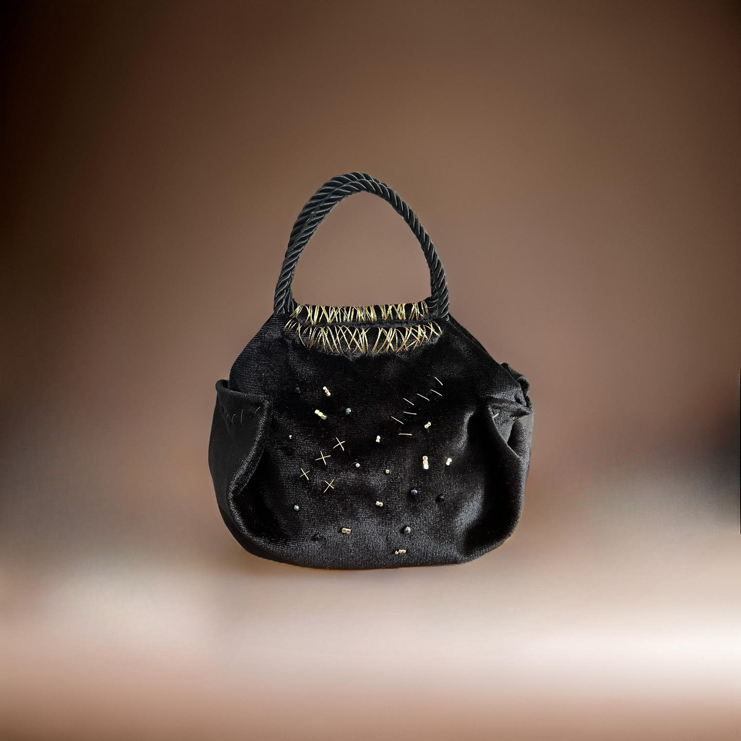 Mini black velvet bag, with black lace detail, handmade in Turkey by Esra Kayıra