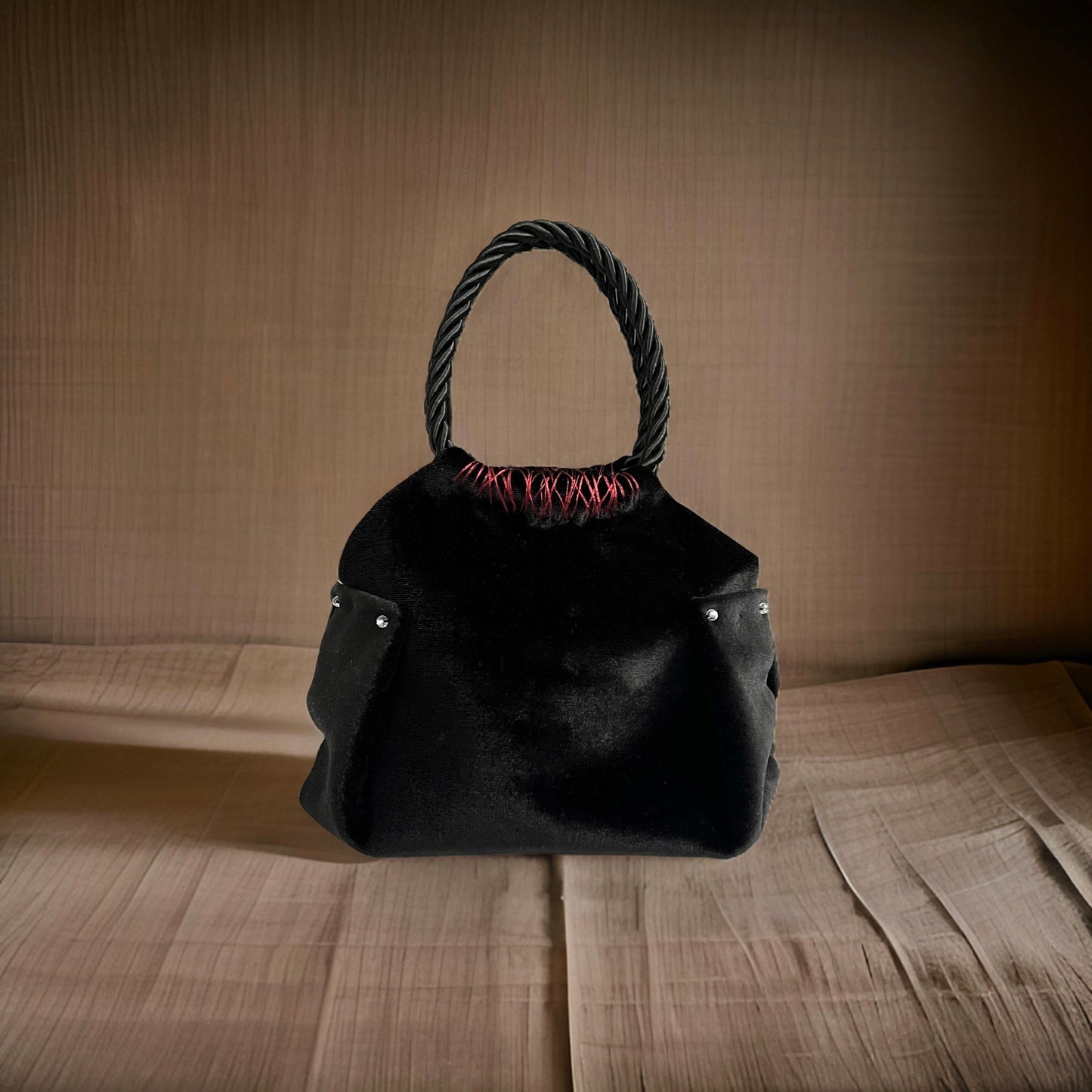 Mini black velvet bag with flower lace, handmade in Turkey by Esra Kayıra