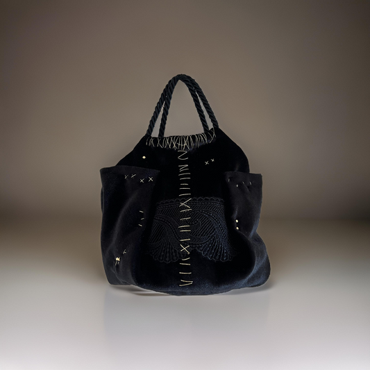Mini black velvet bag with gold detail, handmade in Turkey by Esra Kayıra