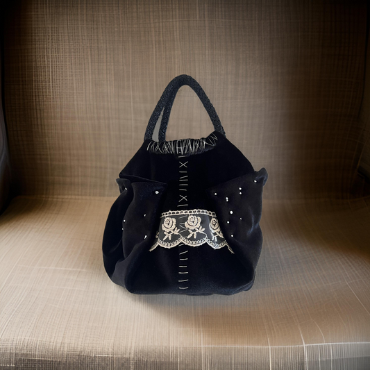 Mini black velvet lace bag handmade in Turkey by Esra Kayıra