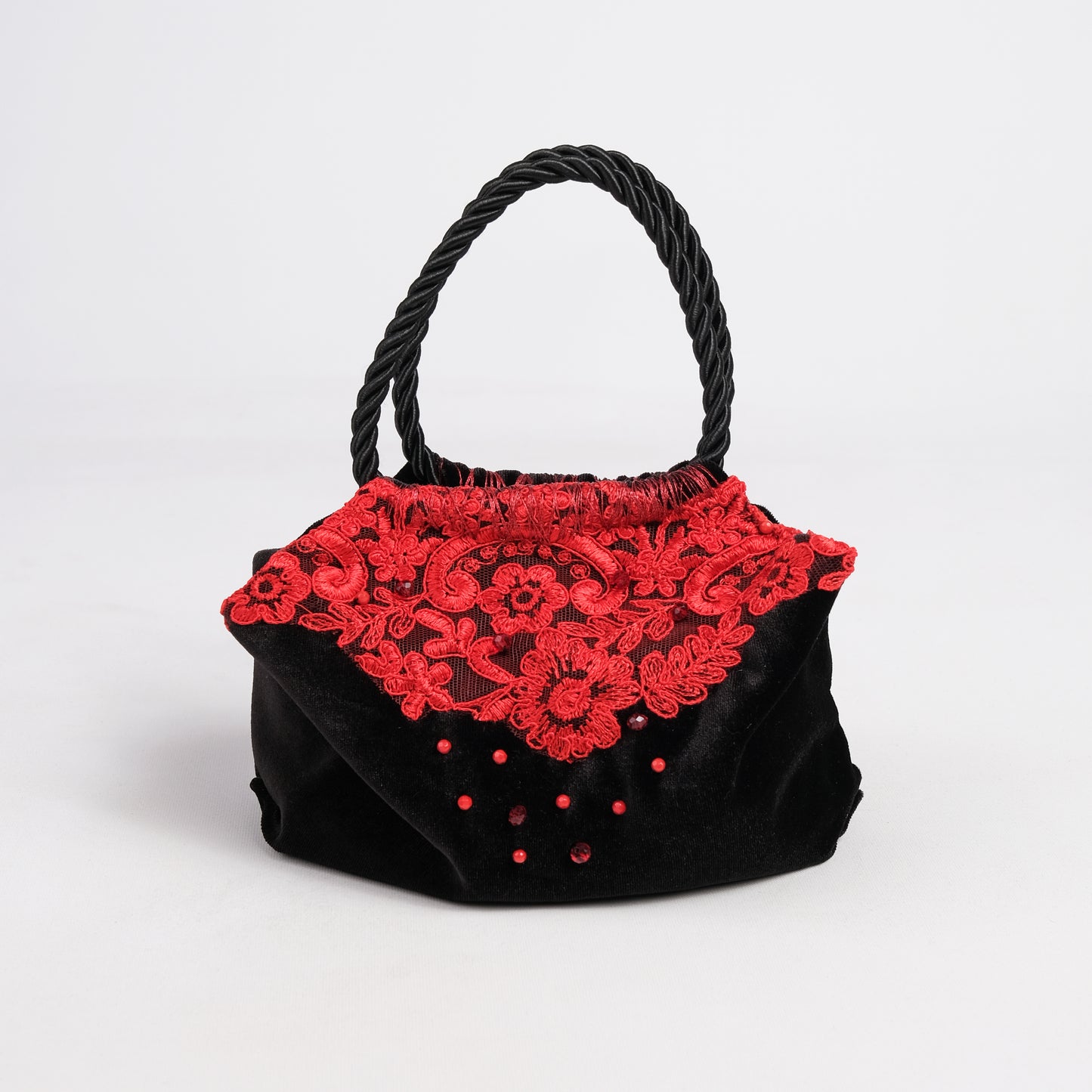 Mini black velvet bag with red lace, handmade in Turkey by Esra Kayıra