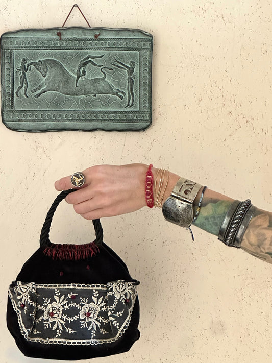 Mini black velvet bag handmade in Turkey by Esra Kayıra