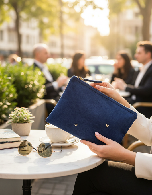 Navy velvet clutch handmade in Turkey by Esra Kayıra
