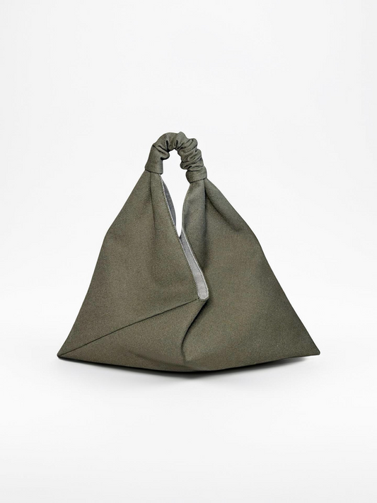 Olive green, mini size canvas origami bag handmade in Turkey, by Esra Kayira brand.