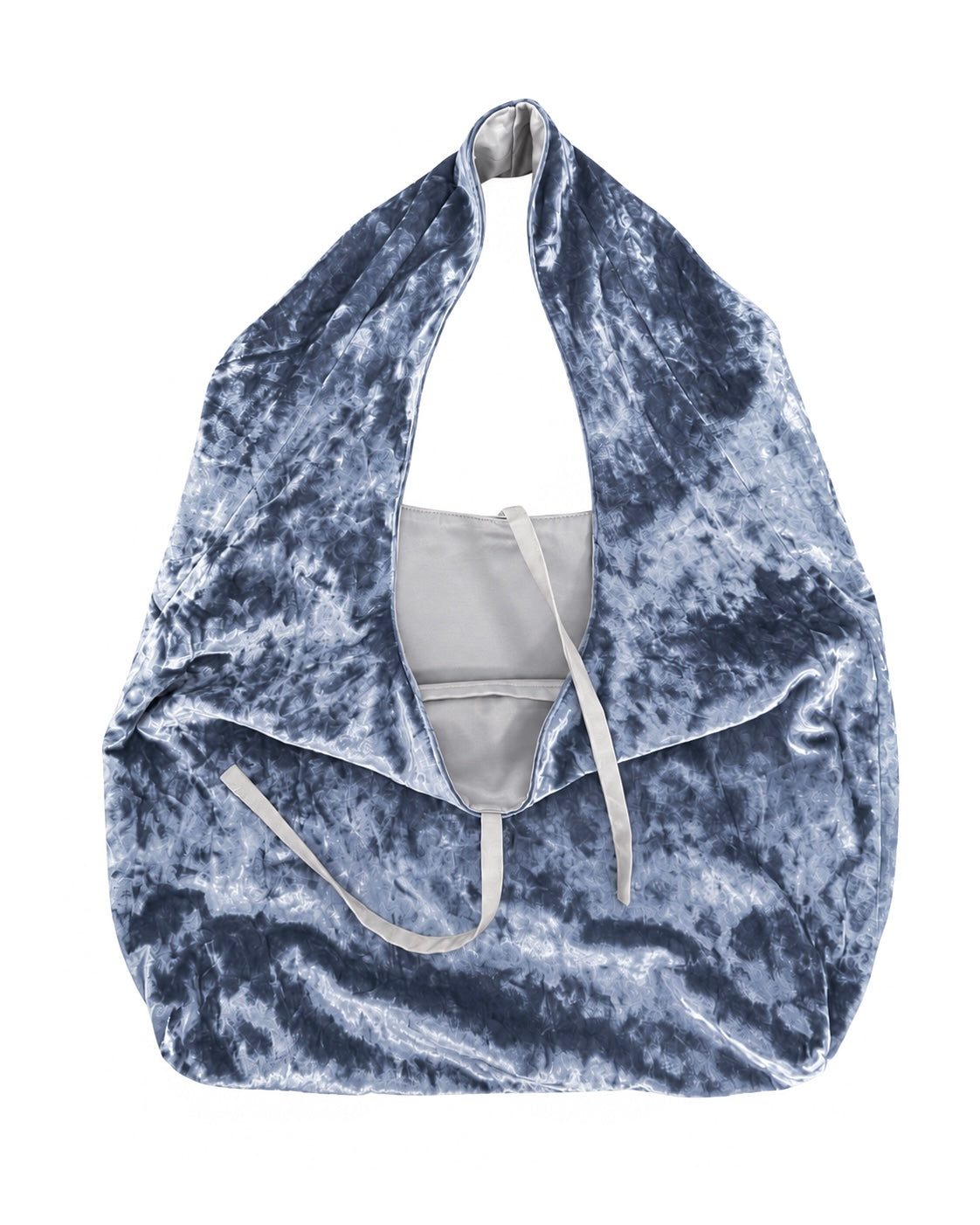 Silver blue crushed velvet bag with a white background.