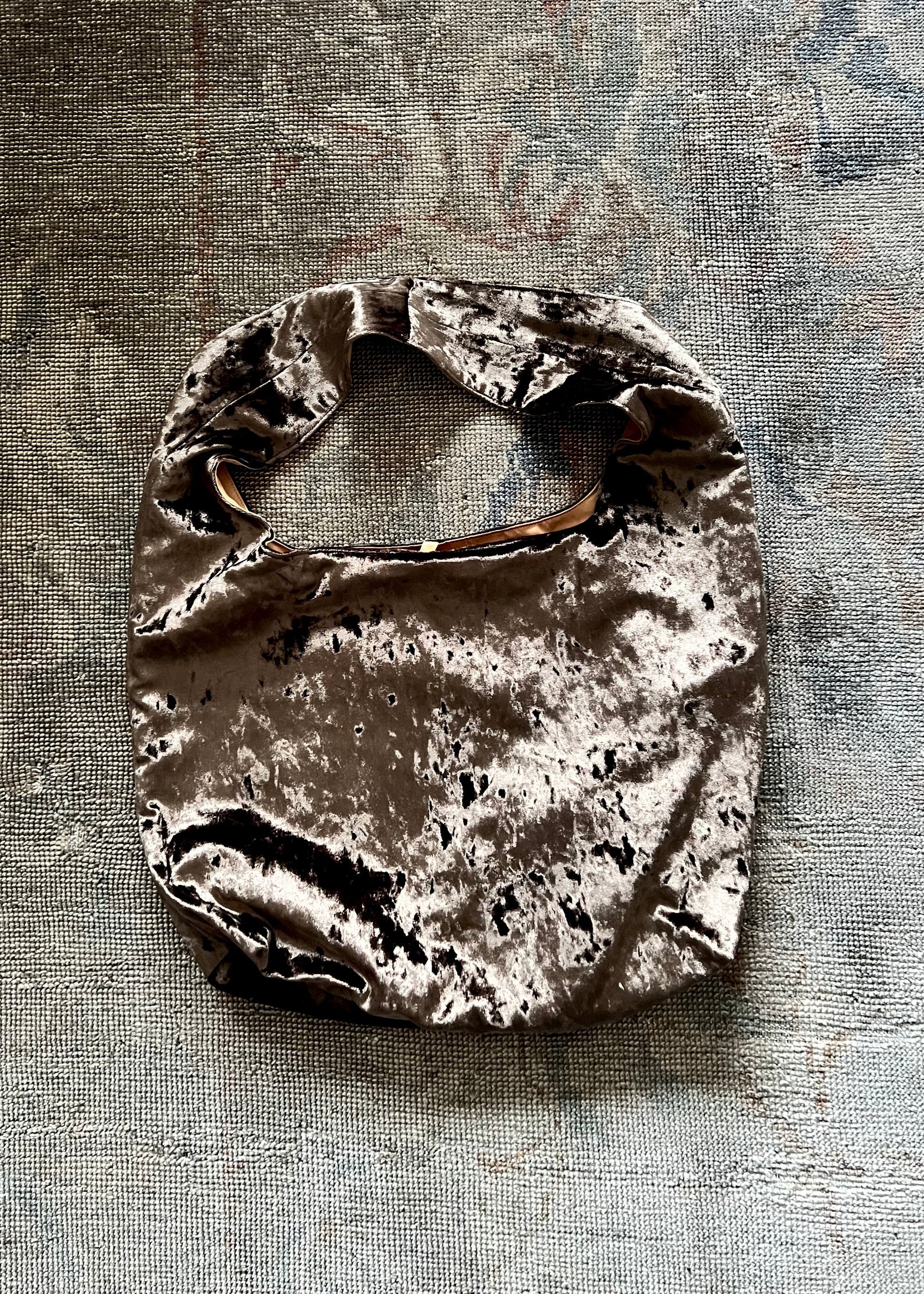 Light brown crushed velvet bag handade in Turkey, Esra Kayira brand.