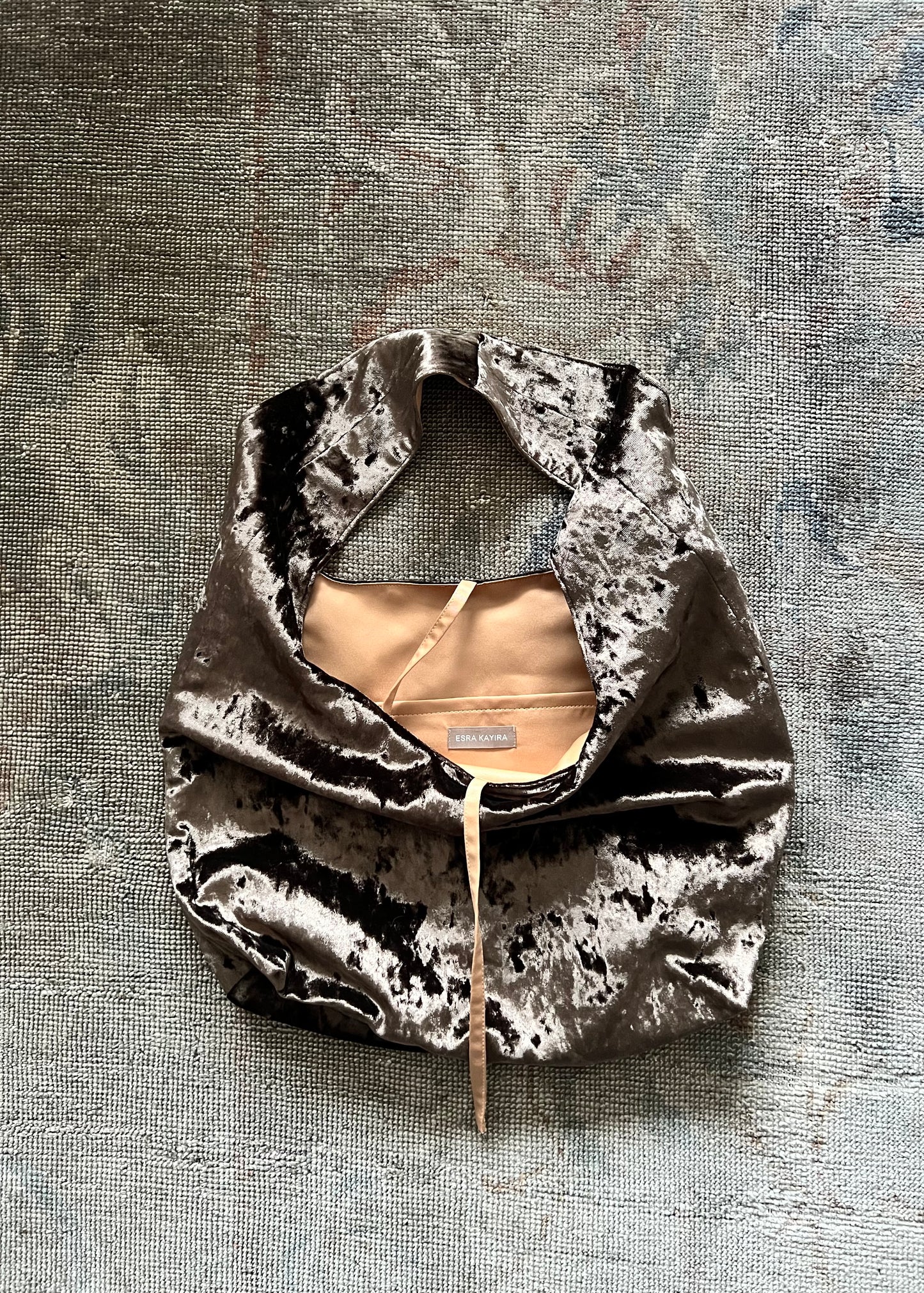 Light brown crushed velvet bag handade in Turkey, Esra Kayira brand.