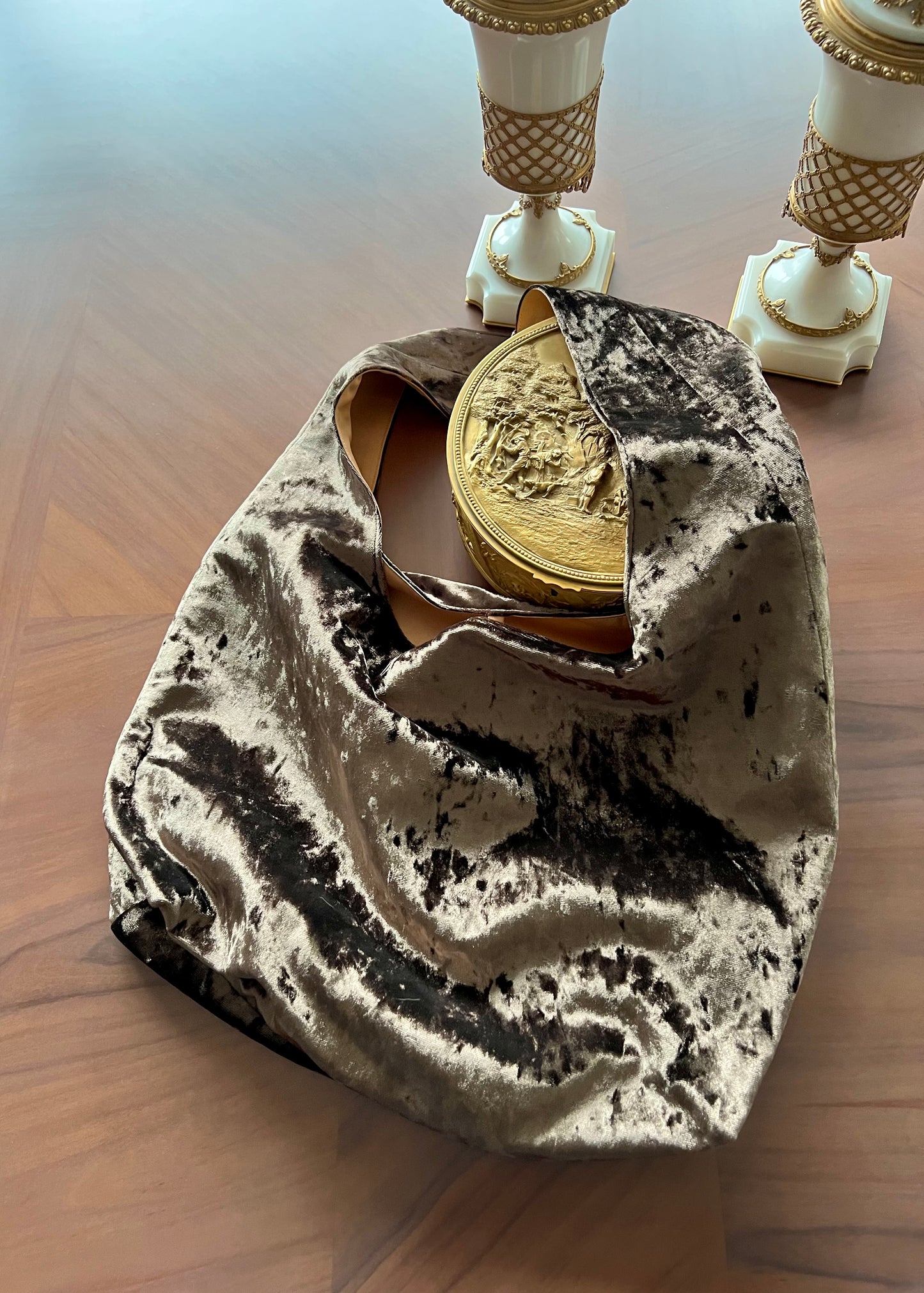 Light brown crushed velvet bag handade in Turkey, Esra Kayira brand.
