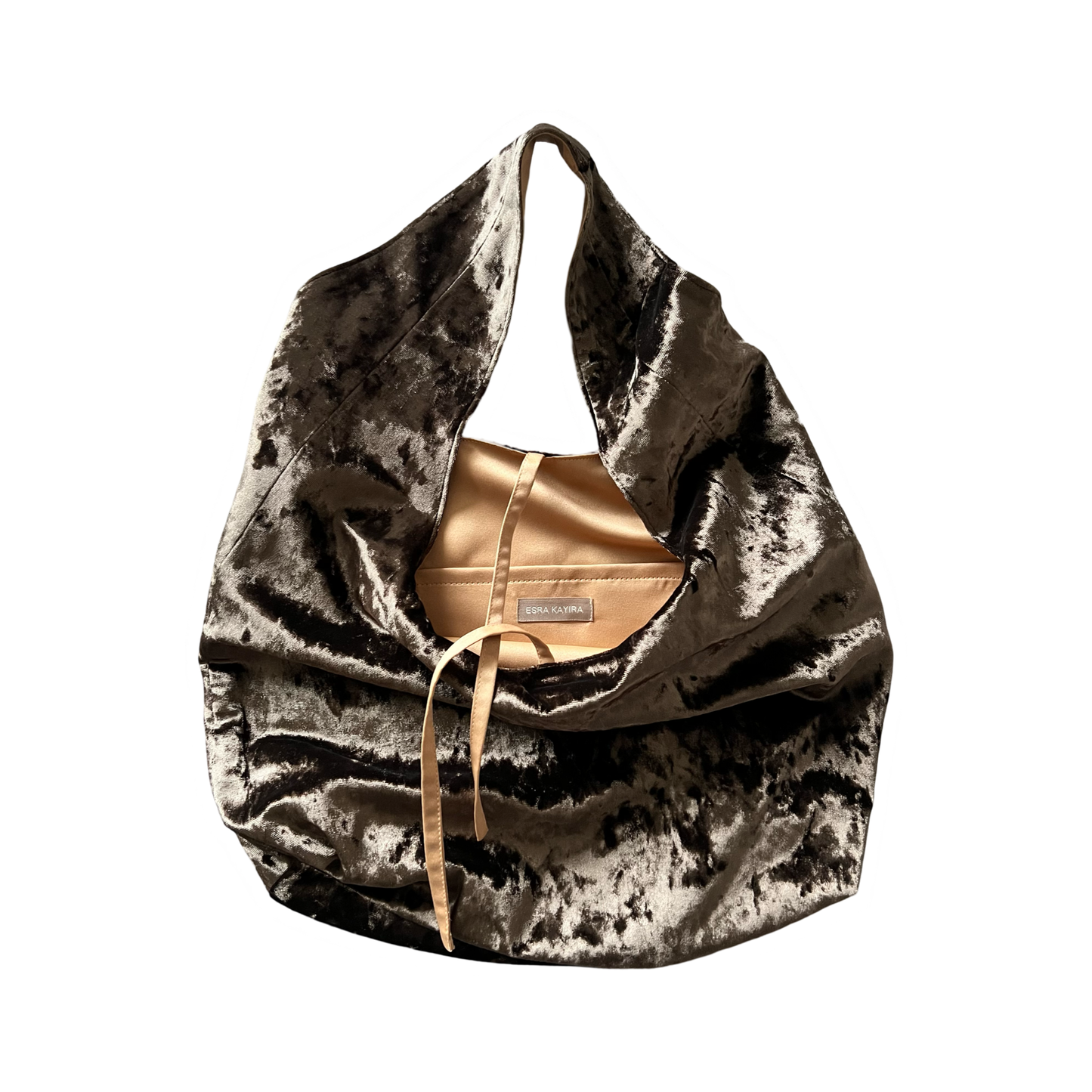 Light brown crushed velvet bag handade in Turkey, Esra Kayira brand.