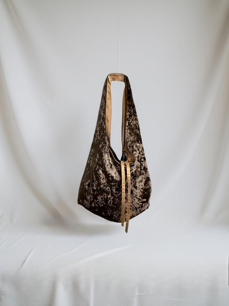 Light brown crushed velvet bag handade in Turkey, Esra Kayira brand.