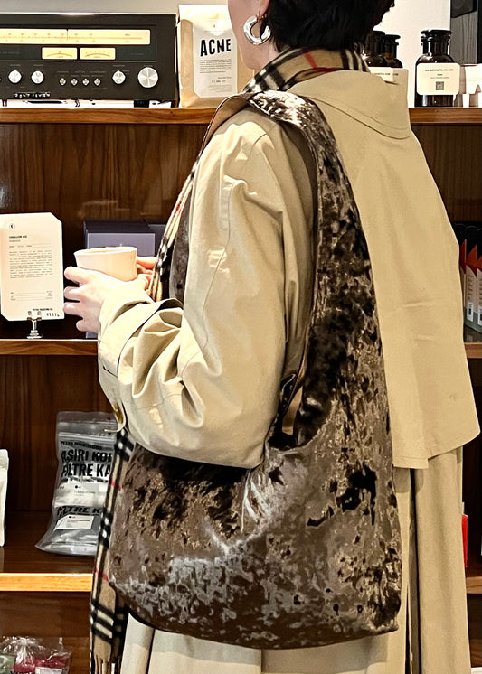 Light brown crushed velvet bag handade in Turkey, Esra Kayira brand.
