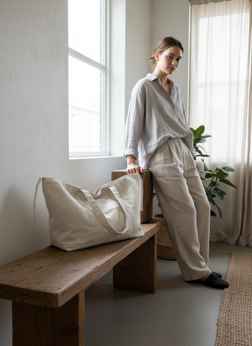 All-In linen bag stone color, durable everyday bag with spacious interior, handmade made in Turkey