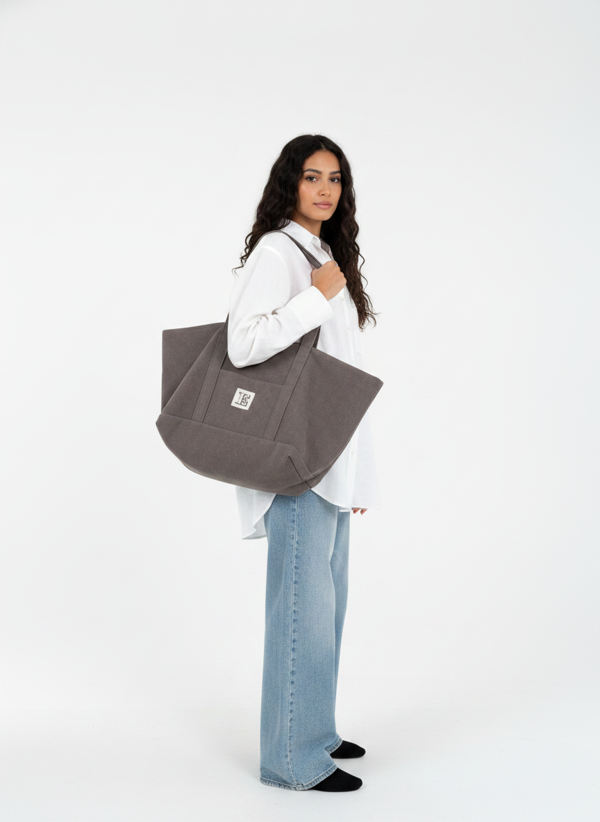 All-In stone-washed canvas bag taupe durable everyday bag with spacious interior, handmade made in Turkey