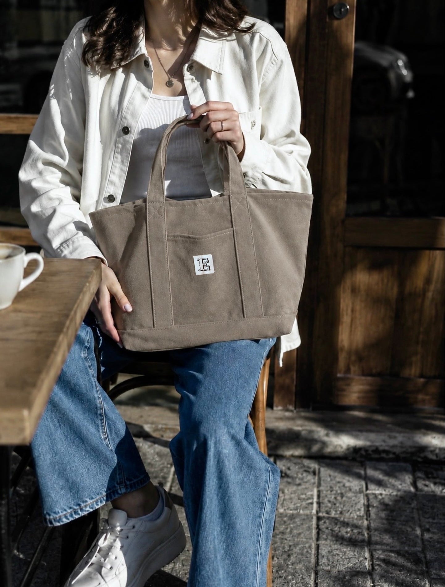 All-In stone-washed canvas bag taupe durable everyday bag with spacious interior - small
