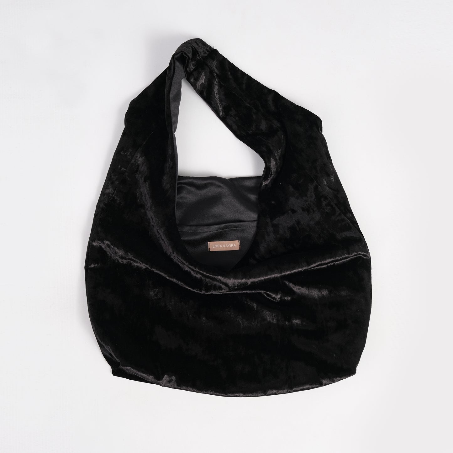 Black crushed velvet over the shoulder bag handmade in Turkey, Esra Kayira brand. 