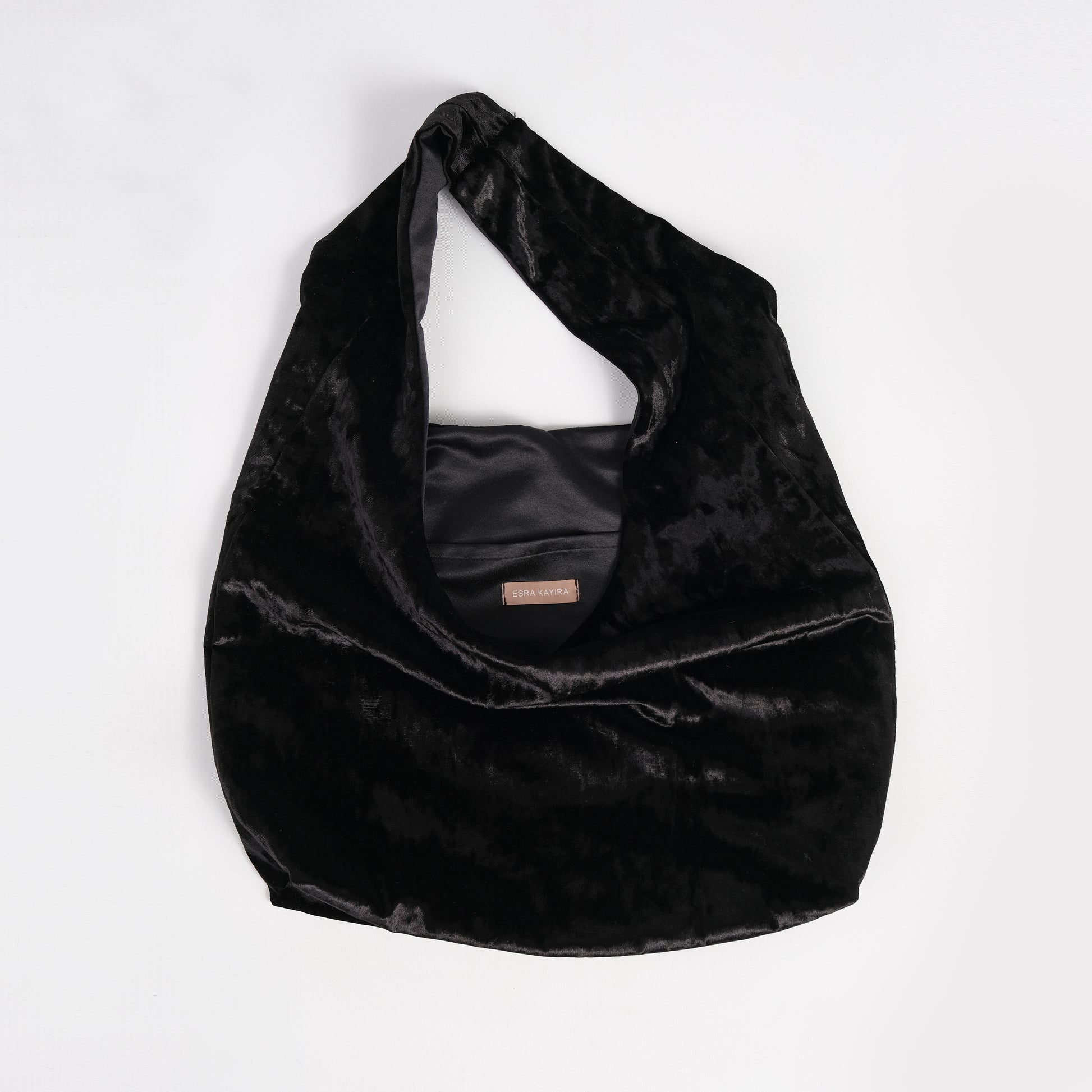 Black crushed velvet over the shoulder bag handmade in Turkey, Esra Kayira brand. 