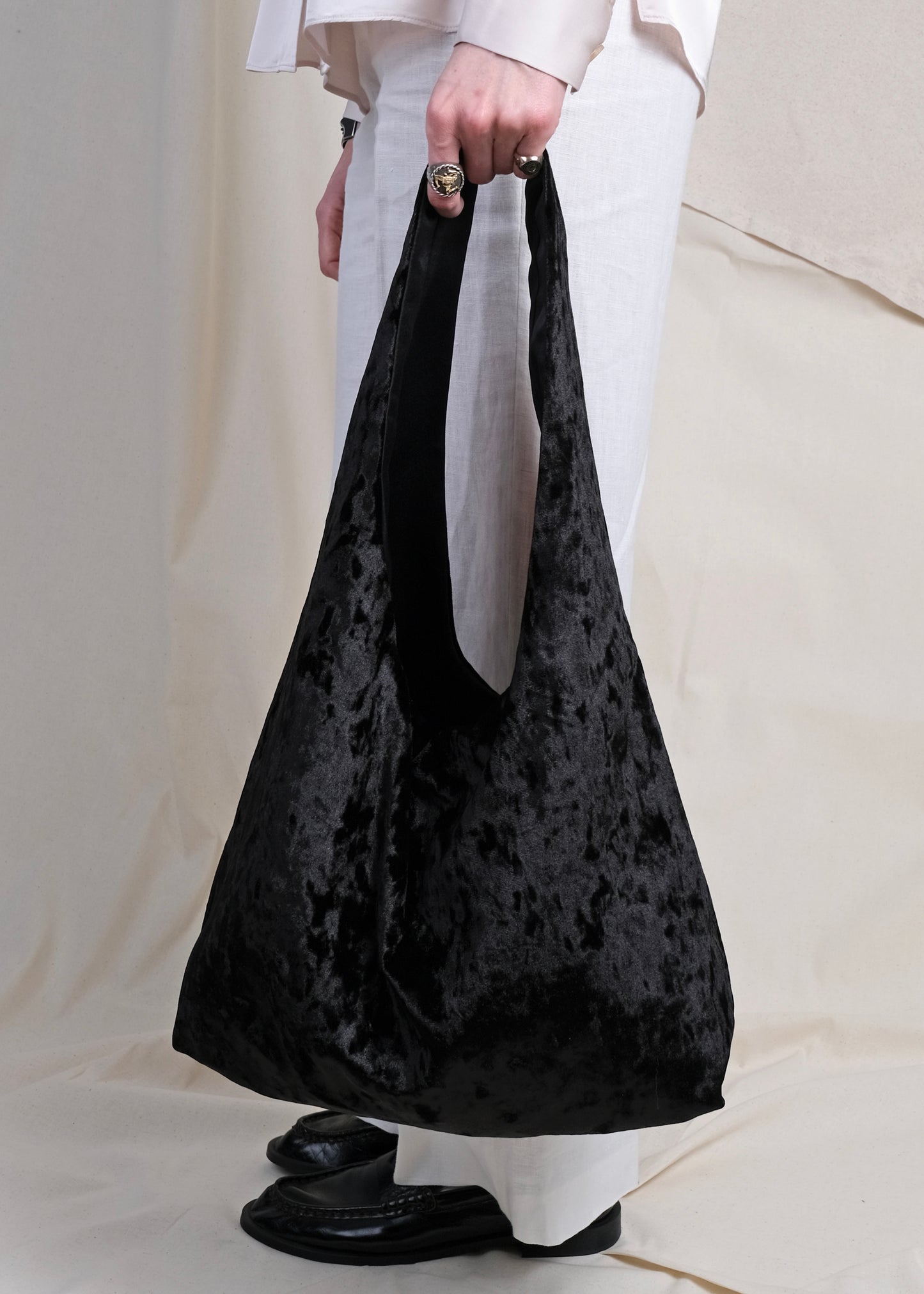 Black crushed velvet over the shoulder bag handmade in Turkey, Esra Kayira brand. 