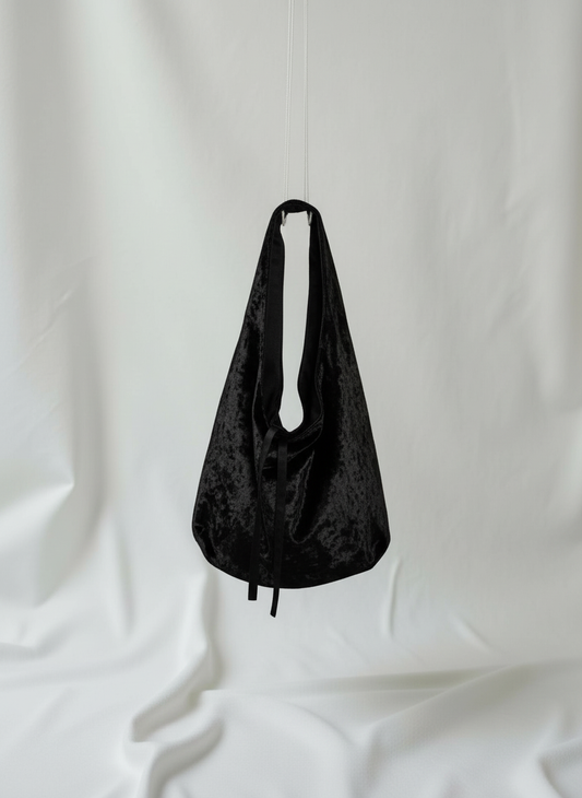 Black crushed velvet over the shoulder bag handmade in Turkey, Esra Kayira brand. 