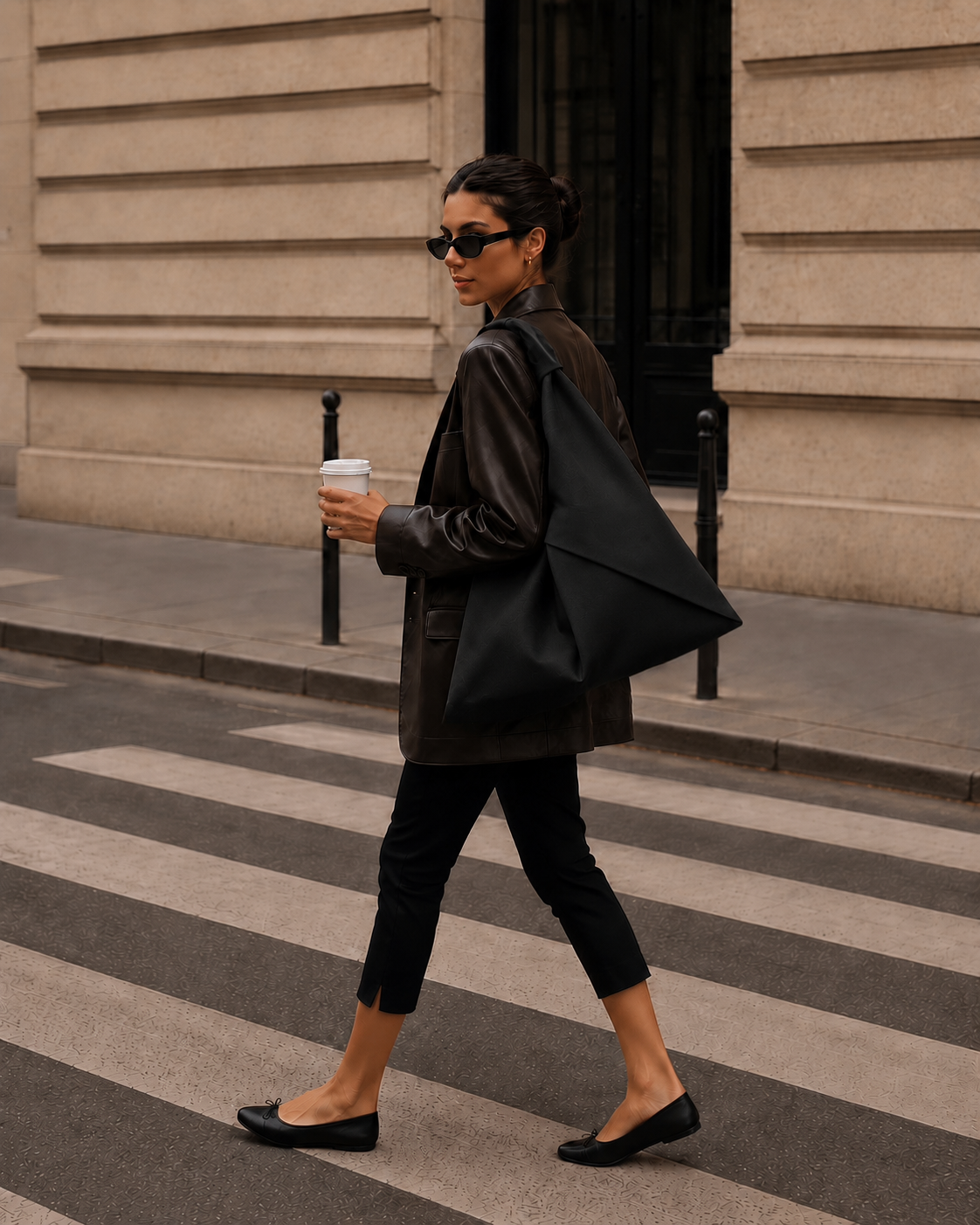 Black waxed canvas origami bag, on a model.