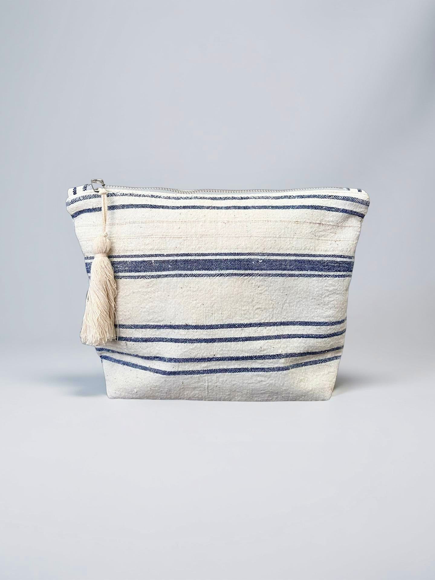 Blue, white striped Kandıra fabric clutch handmade in Turkey by Esra Kayıra brand
