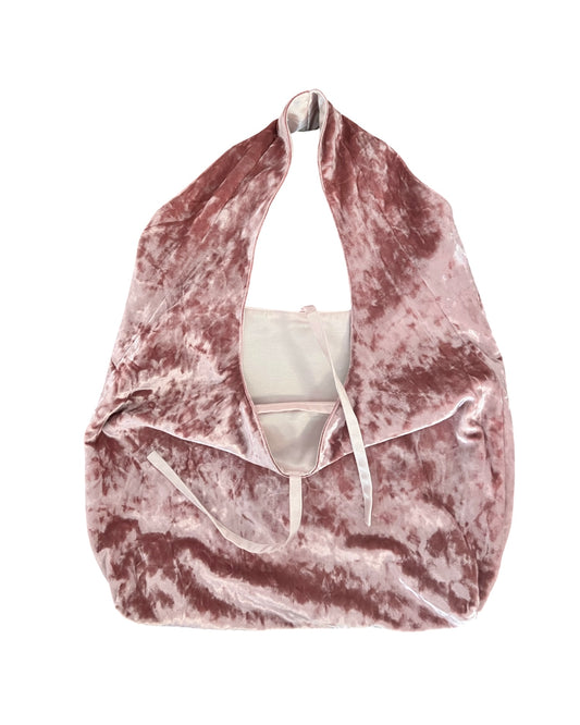 Blush pink crushed velvet over the shoulder bag handmade in Turkey, detail, Esra Kayira brand.