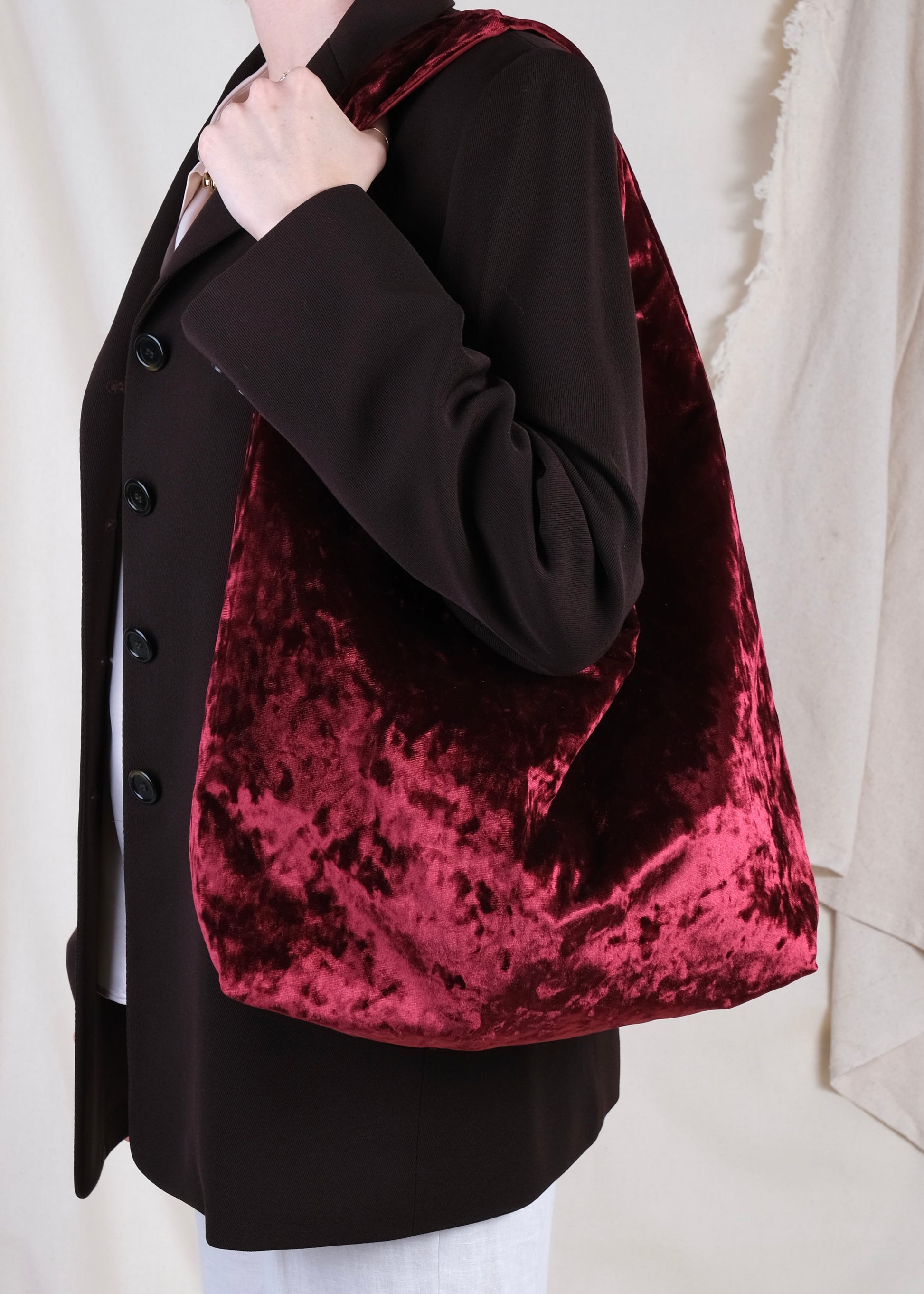 Burgundy crushed velvet bag handmade in Turkey, Esra Kayira brand. 