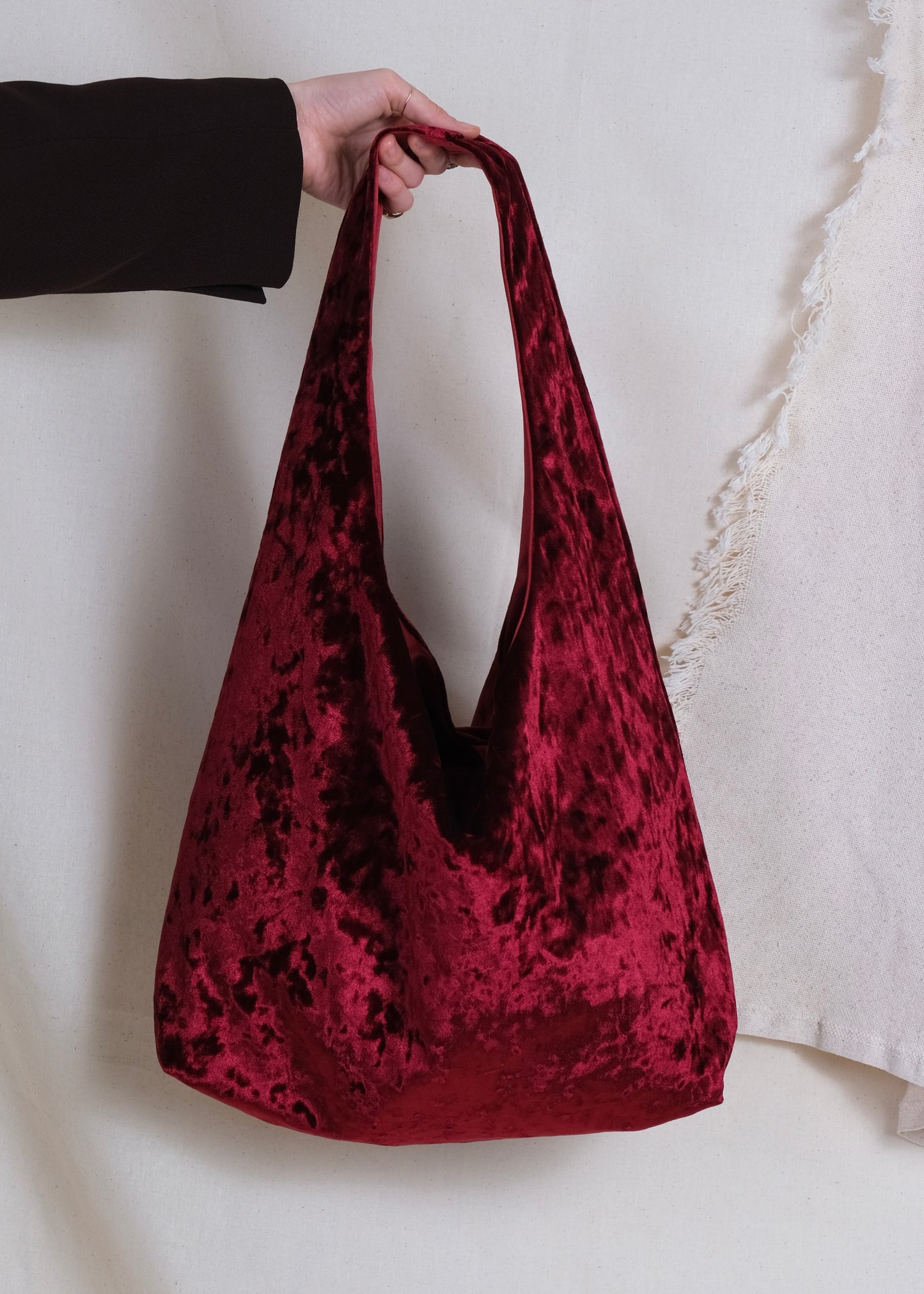 Burgundy crushed velvet bag handmade in Turkey, Esra Kayira brand. 