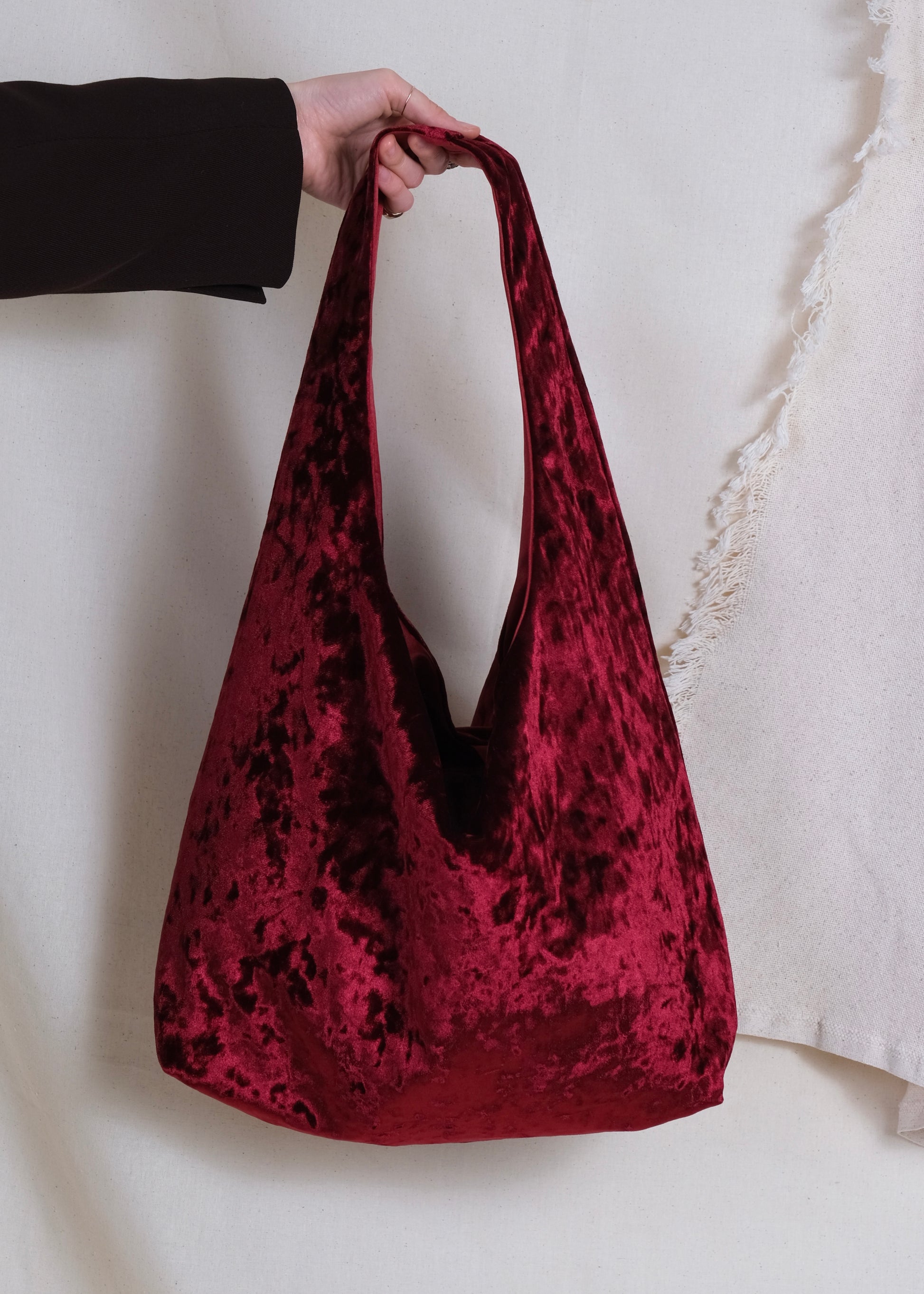 Burgundy crushed velvet bag handmade in Turkey, Esra Kayira brand. 