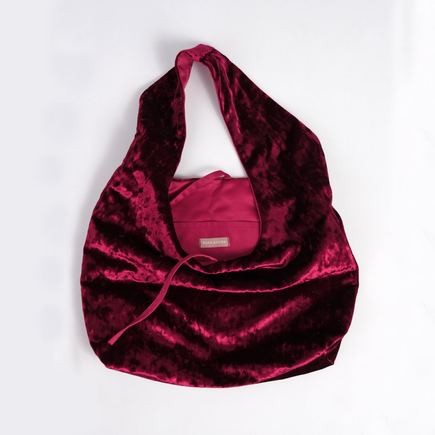 Burgundy crushed velvet bag handmade in Turkey, detail, Esra Kayira brand. 