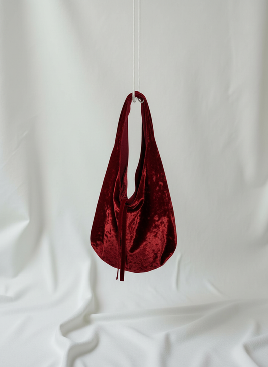 Burgundy crushed velvet bag handmade in Turkey, Esra Kayira brand.