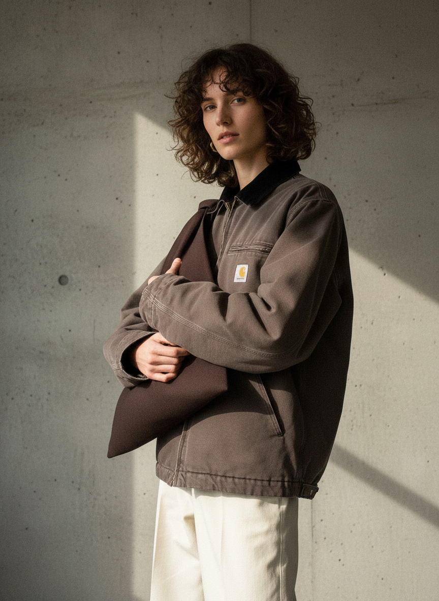 Dark brown, midi size canvas origami bag handmade in Turkey, on a model, by Esra Kayira brand. 
