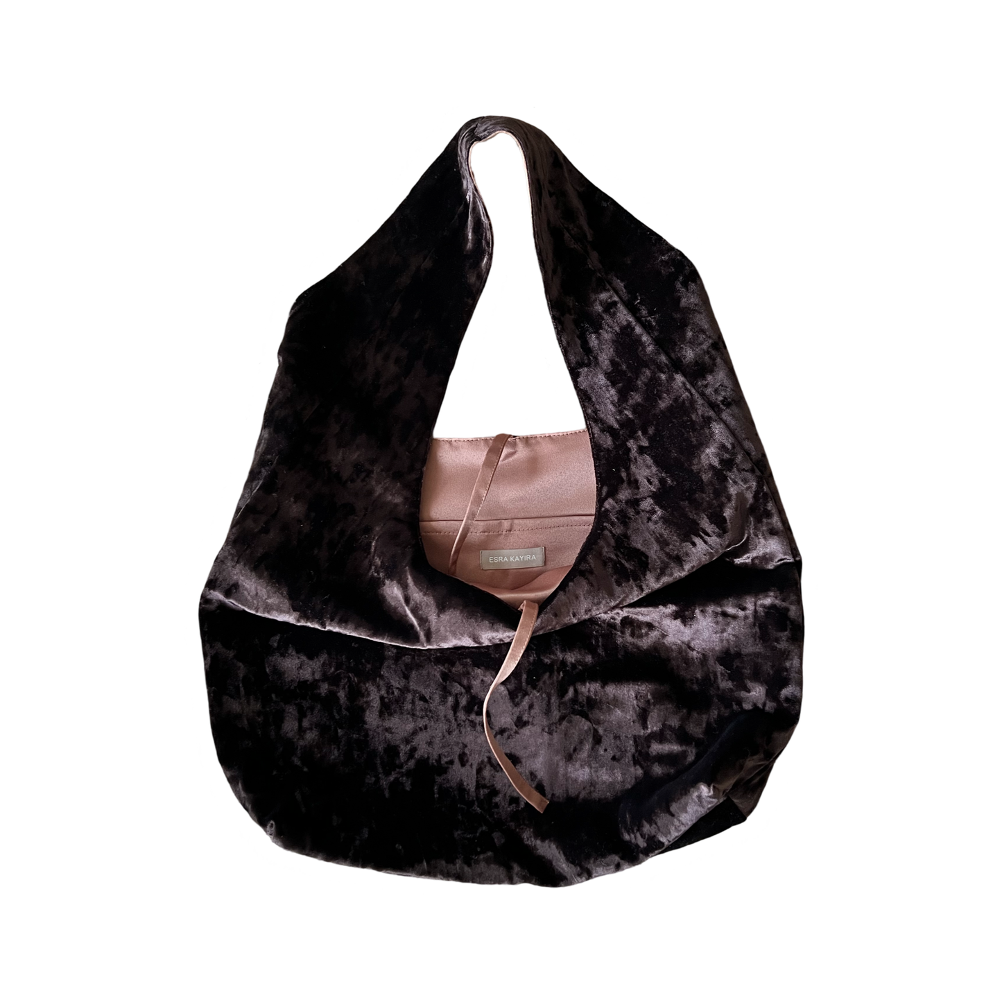 Dark brown crushed velvet over the shoulder bag handmade in Turkey, detail, Esra Kayira brand.