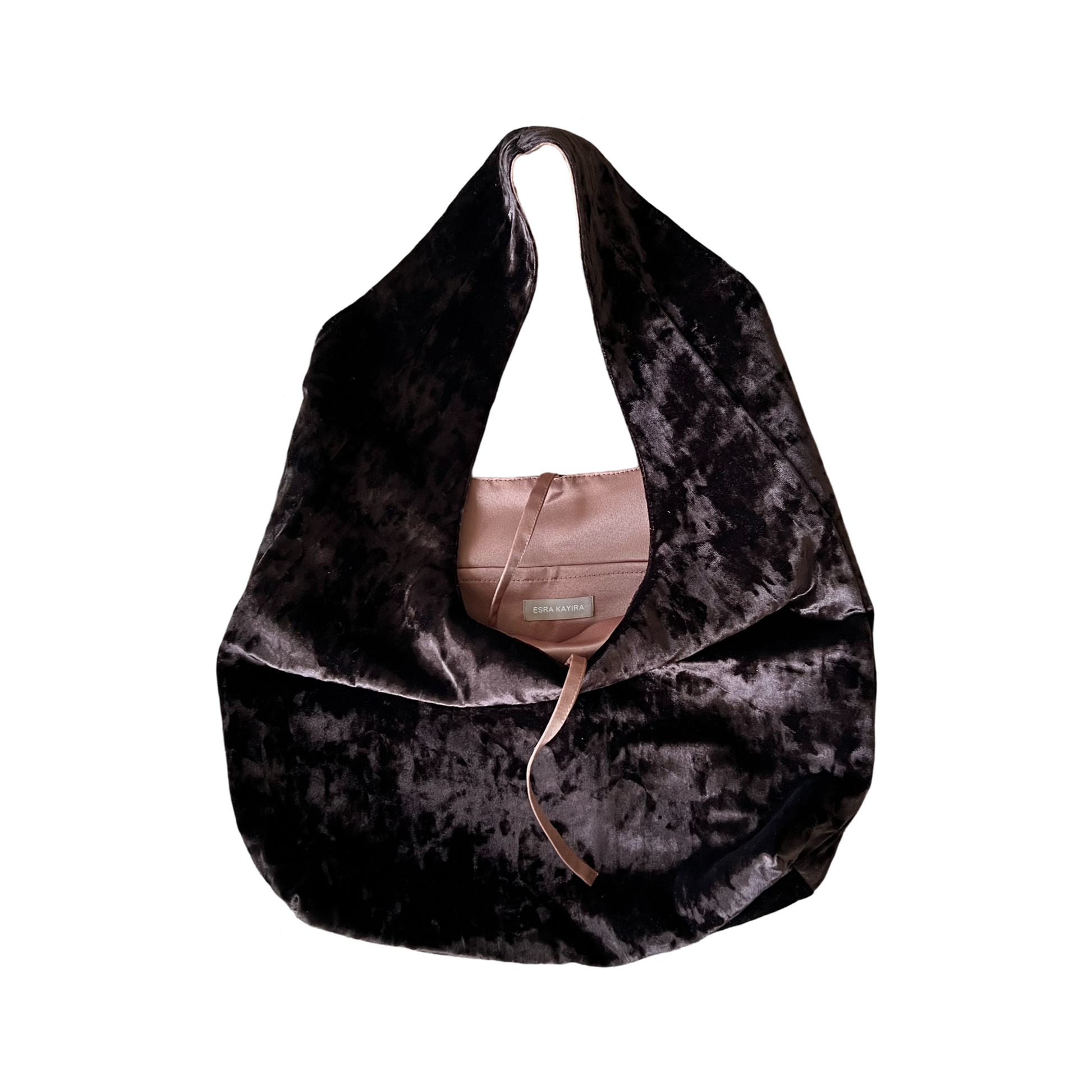 Dark brown crushed velvet over the shoulder bag handmade in Turkey, detail, Esra Kayira brand.