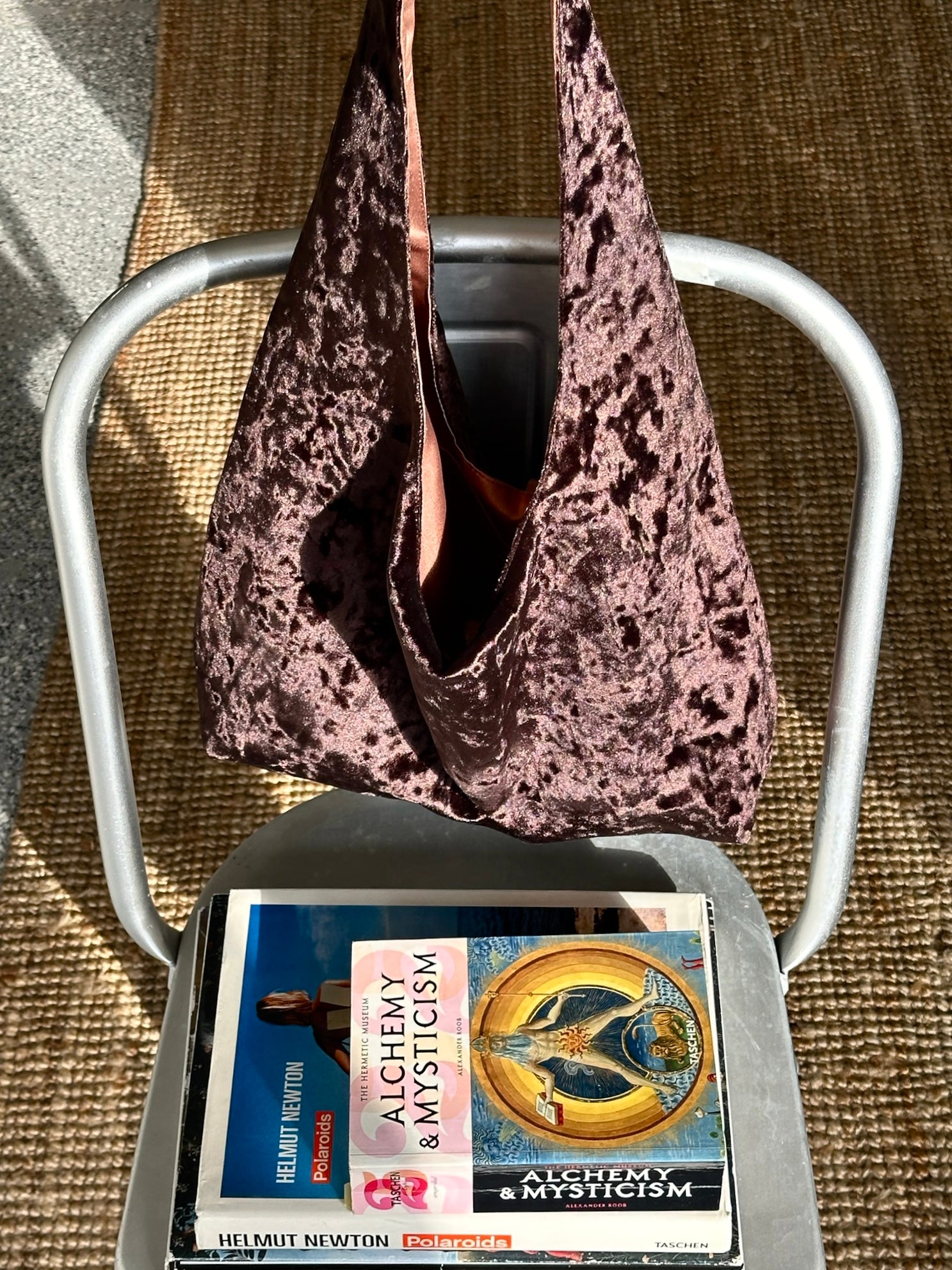 Dark brown crushed velvet over the shoulder bag handmade in Turkey, Esra Kayira brand.