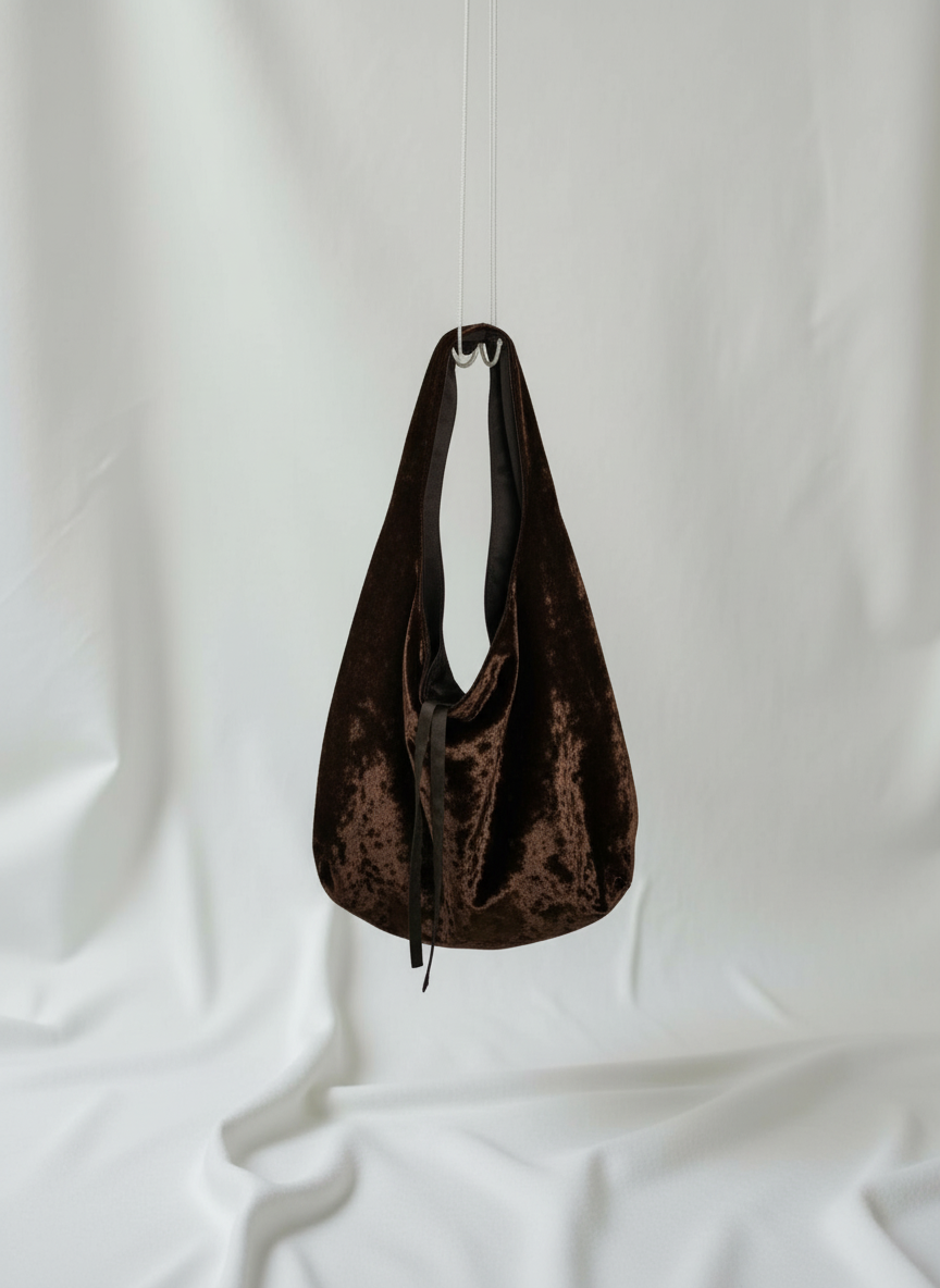 Dark brown crushed velvet over the shoulder bag handmade in Turkey, Esra Kayira brand.