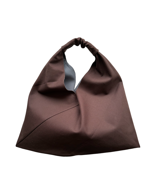 Dark brown, midi size canvas origami bag handmade in Turkey, by Esra Kayira brand. 