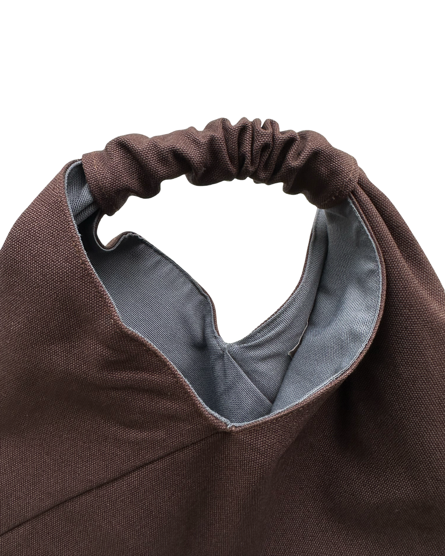 Dark brown, mini size canvas origami bag handmade in Turkey, detail, by Esra Kayira brand. 