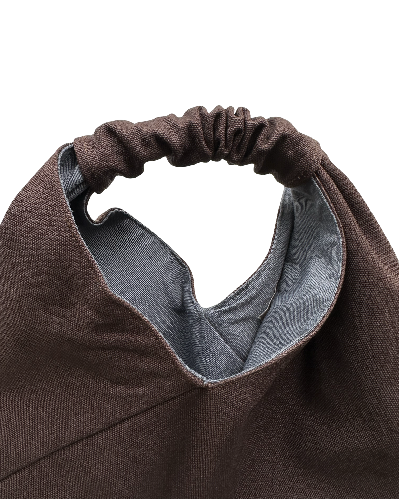 Dark brown, mini size canvas origami bag handmade in Turkey, detail, by Esra Kayira brand. 