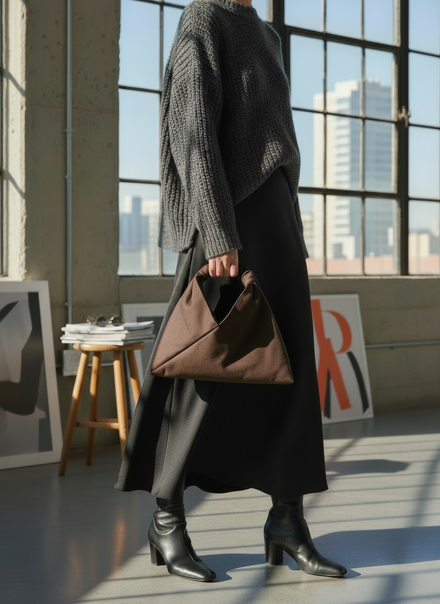 Dark brown, mini size canvas origami bag handmade in Turkey, on a model, by Esra Kayira brand. 