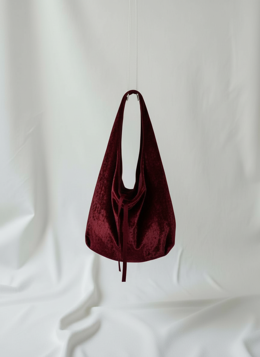 Dark cherry crushed velvet bag handmade in Turkey, Esra Kayira brand.