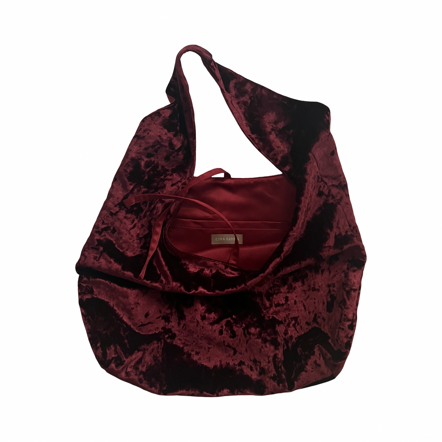 Dark cherry crushed velvet bag handmade in Turkey, Esra Kayira brand.