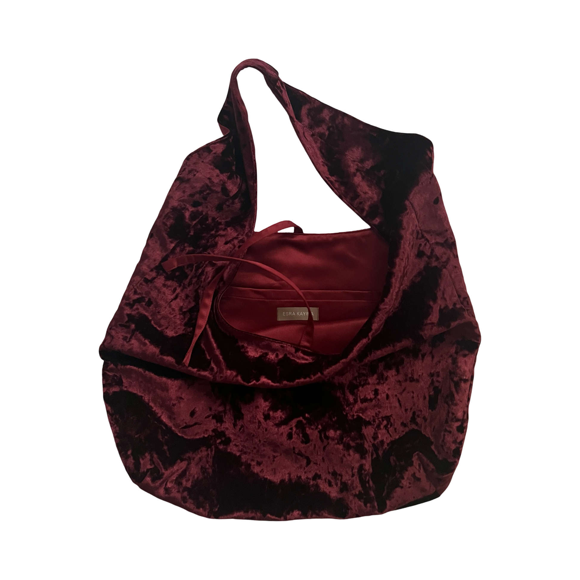 Dark cherry crushed velvet bag handmade in Turkey, Esra Kayira brand.